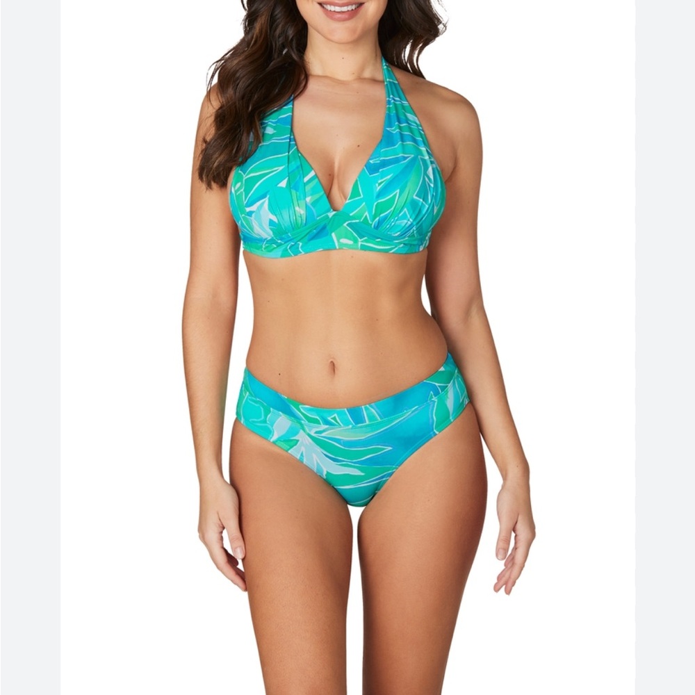 Tropical Leaf Halter Bikini Set - Teal Green